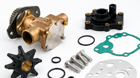 Marine water pump repair kit, impeller, and complete pump
