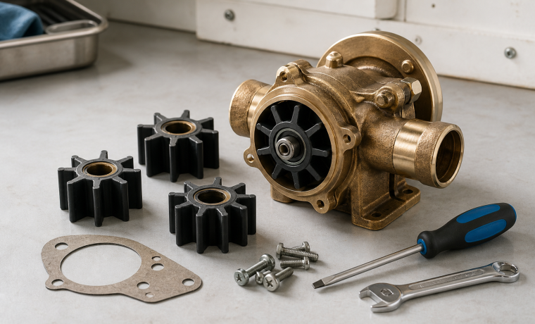 Marine pump parts arranged on a service bench